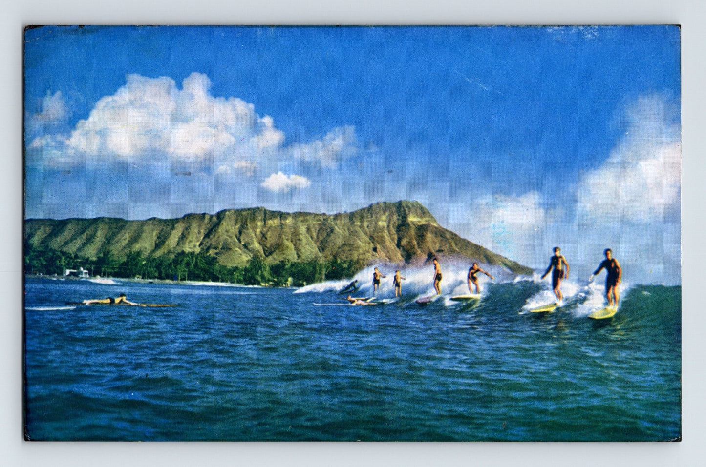 Hawaii Waikiki surfing Diamond Head Pan American Airlines 1949 chrome postcard
