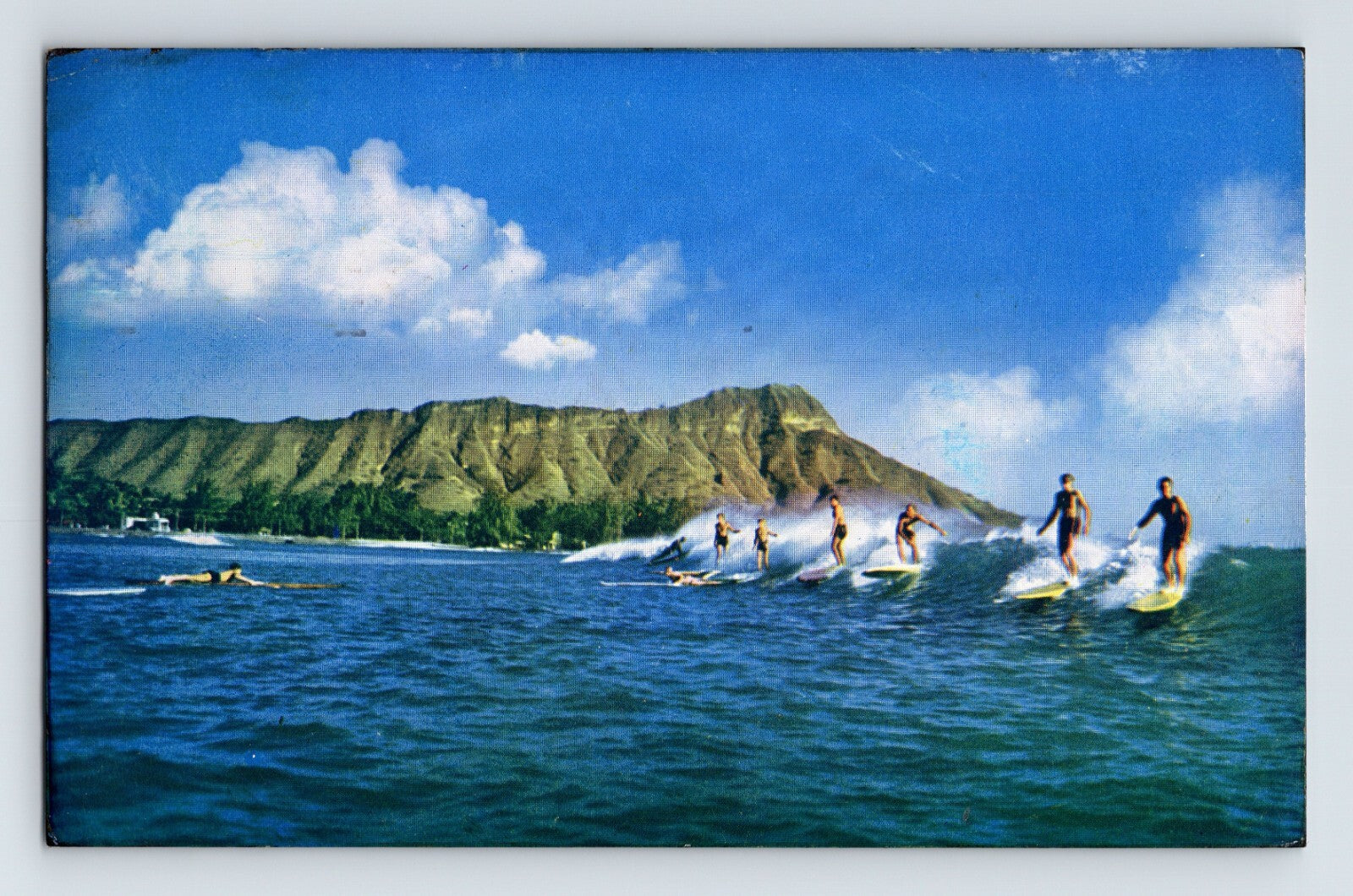 Hawaii Waikiki surfing Diamond Head Pan American Airlines 1949 chrome postcard