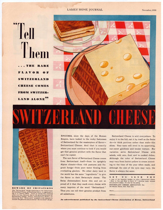 Switzerland Cheese 1930 Art Deco Print Ad 13.5 x 10.5