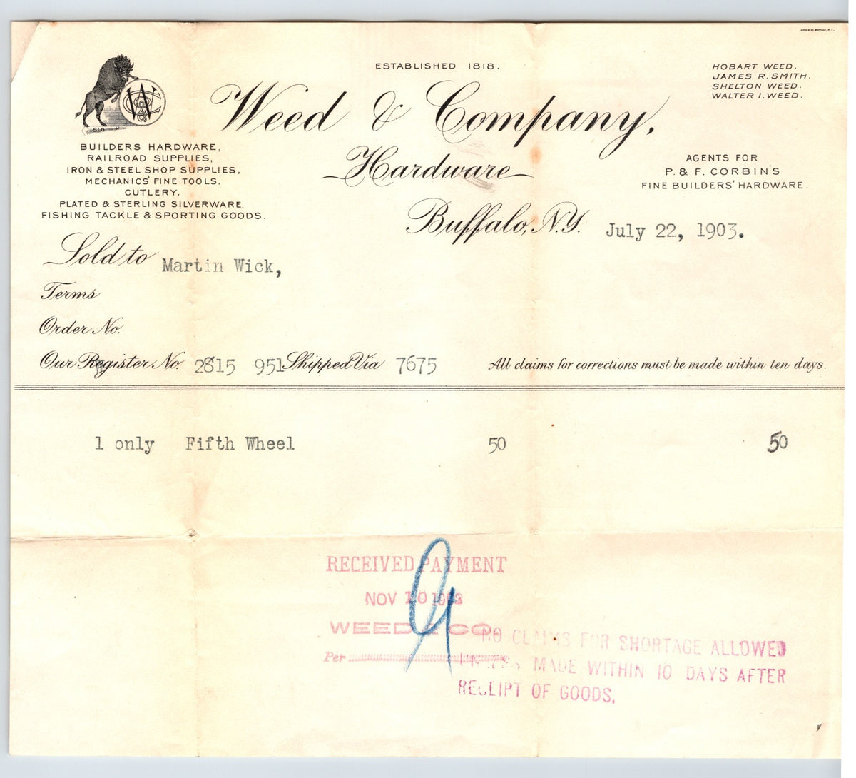 Buffalo New York 1903 Weed Company Hardware Billhead - 8.5 x 7