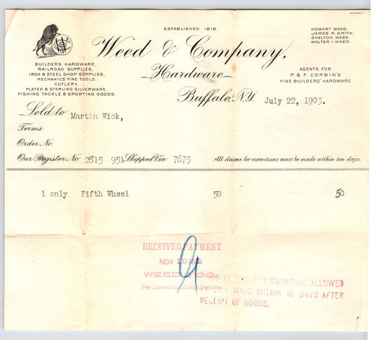 Buffalo New York 1903 Weed Company Hardware Billhead - 8.5 x 7