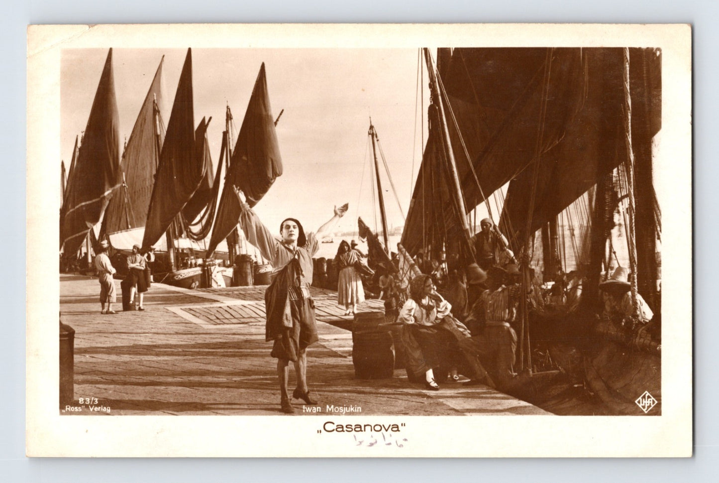 Iwan Mosjukin Casanova film scene RPPC postcard with harbor setting and sailboats