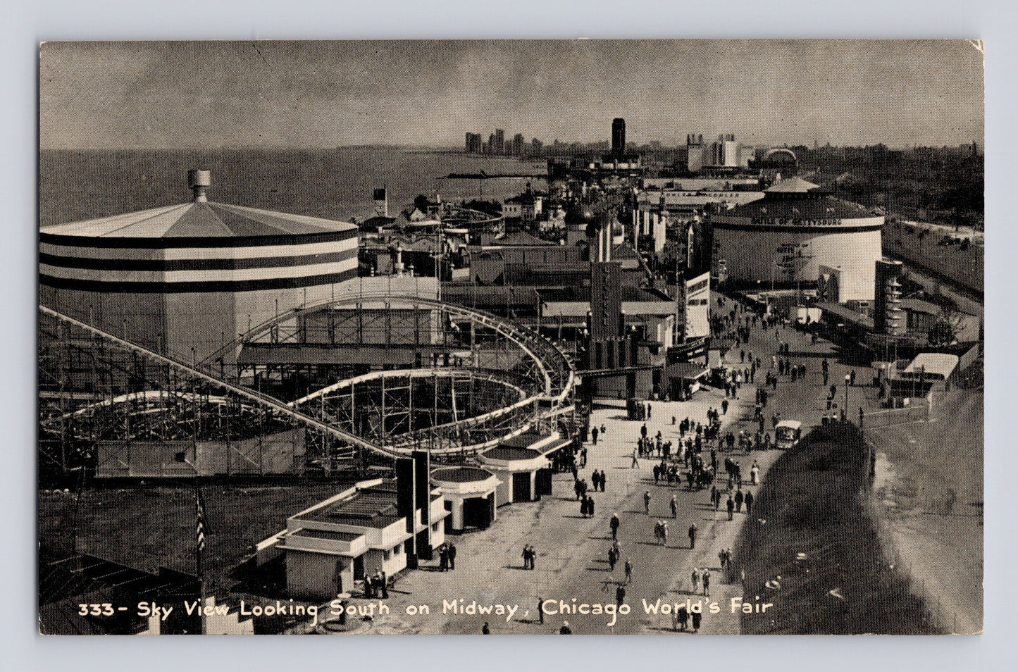 Chicago Illinois Worlds Fair Midway roller coaster aerial view 1934 postcard