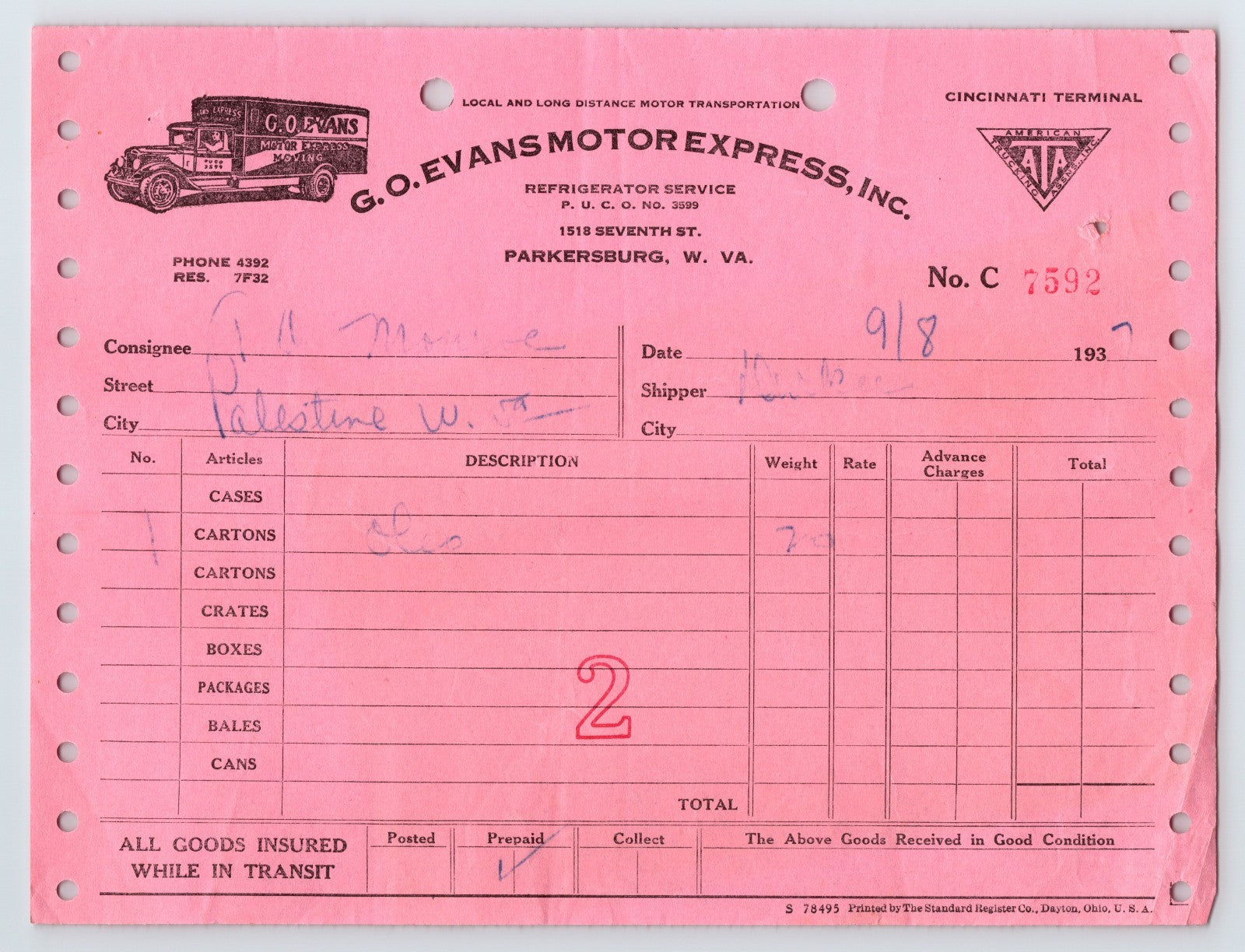 Parkersburg West Virginia G O Evans Motor Express trucking billhead 1937 freight receipt document