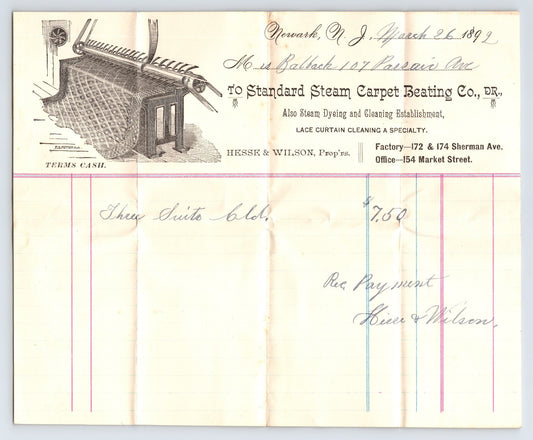Newark New Jersey 1892 Standard Steam Carpet Beating billhead with engraved rug beating machine illustration and multicolor ledger lines