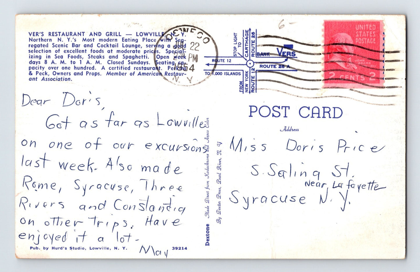 Lowville New York Ver’s Grill Restaurant Diner 1964 Postcard Posted Chrome