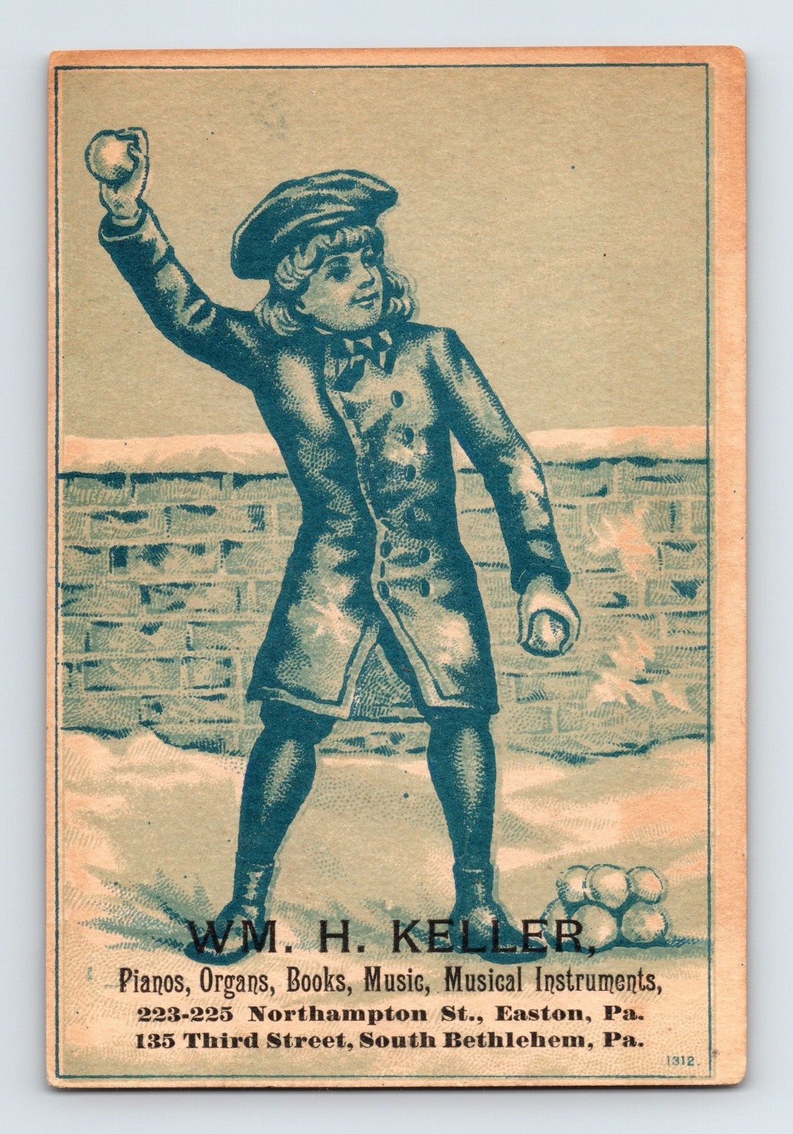 Easton Pennsylvania WM H Keller Piano Snowball Fight 1890s Trade Card - 4.5 x 3