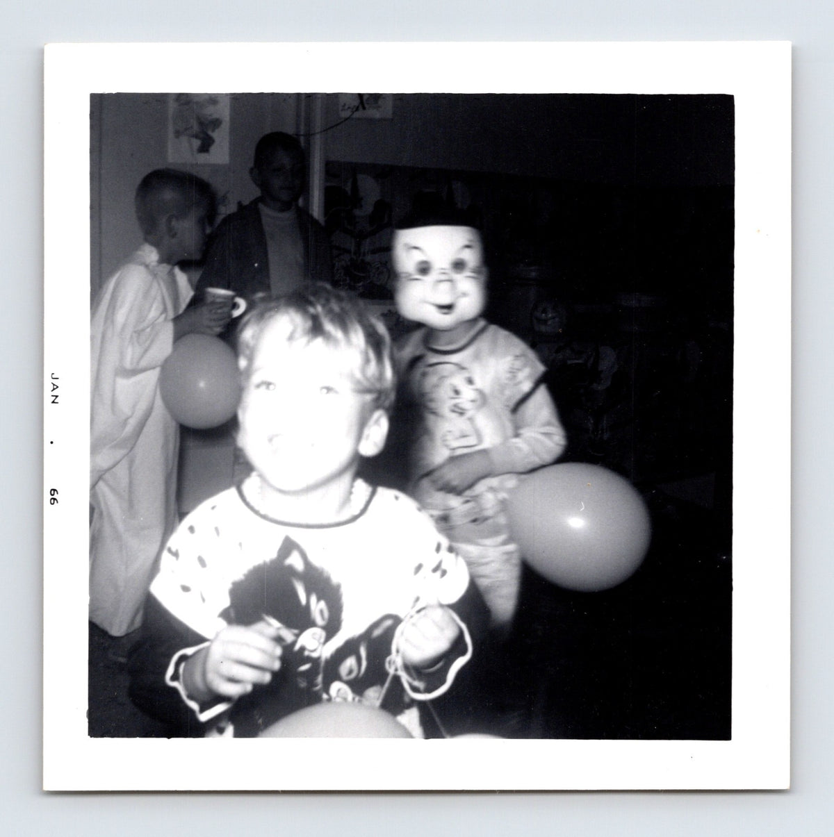 Vintage Halloween children party masks balloons Casper costume 1965 snapshot black white photo