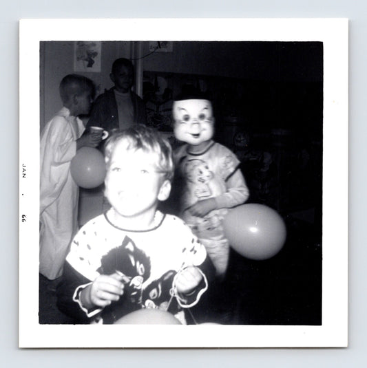 Vintage Halloween children party masks balloons Casper costume 1965 snapshot black white photo