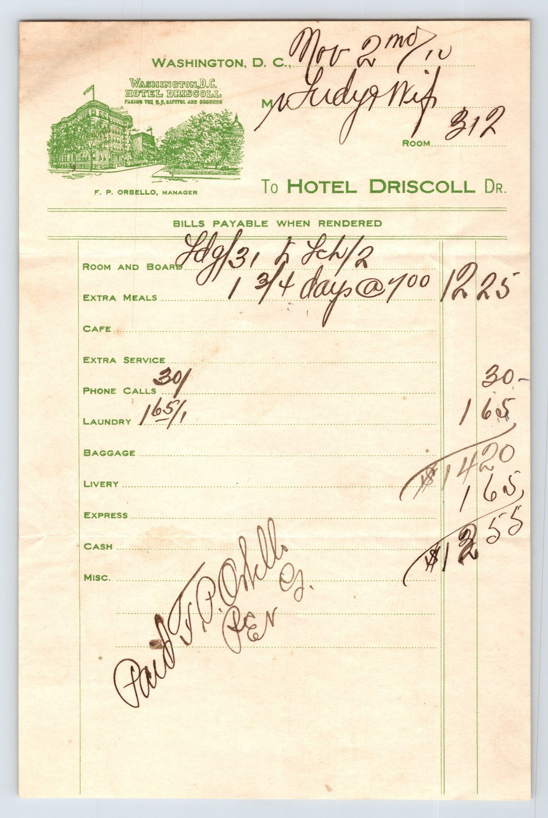 Washington DC 1910 Hotel Driscoll Guest Receipt Billhead 5.5 x 8