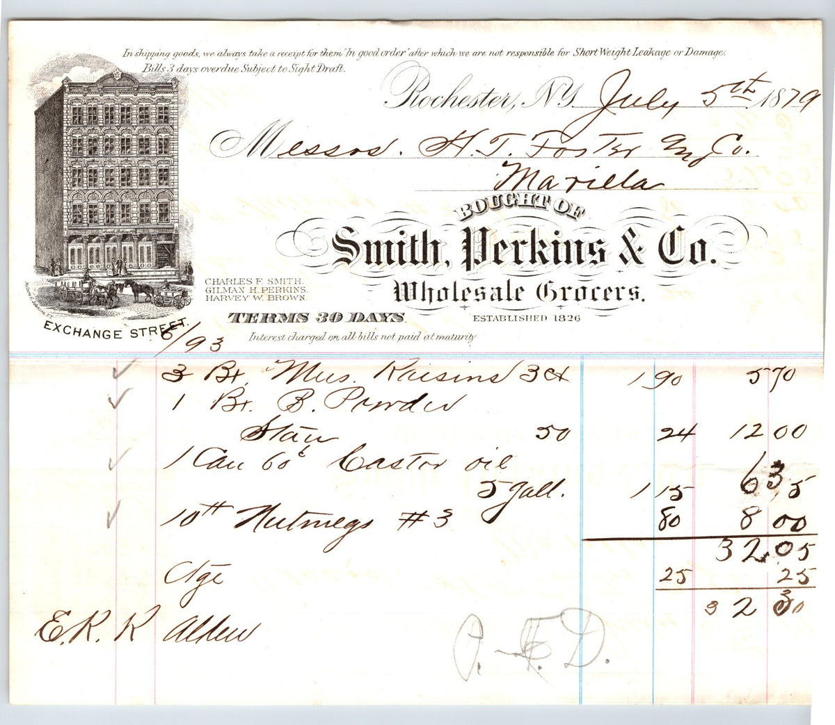 Rochester New York 1879 Smith Perkins Wholesale Grocers Billhead 8.5 x 7