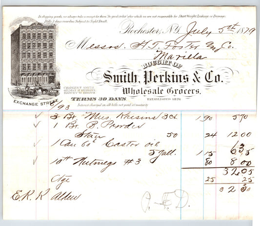 Rochester New York 1879 Smith Perkins Wholesale Grocers Billhead 8.5 x 7