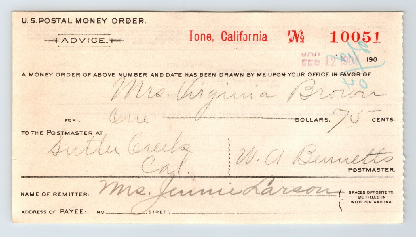 Ione California U.S. postal money order advice form Sutter Creek 1904 postal document