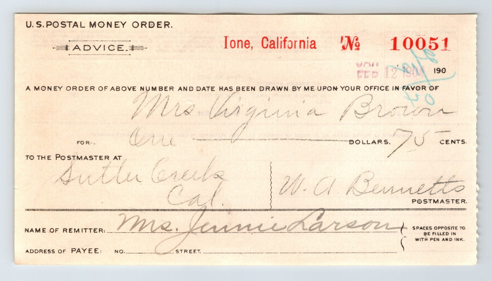 Ione California U.S. postal money order advice form Sutter Creek 1904 postal document