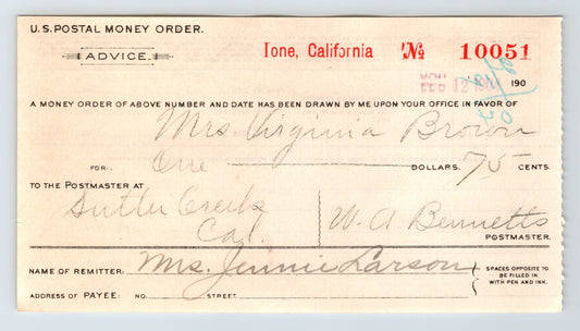 Ione California U.S. postal money order advice form Sutter Creek 1904 postal document