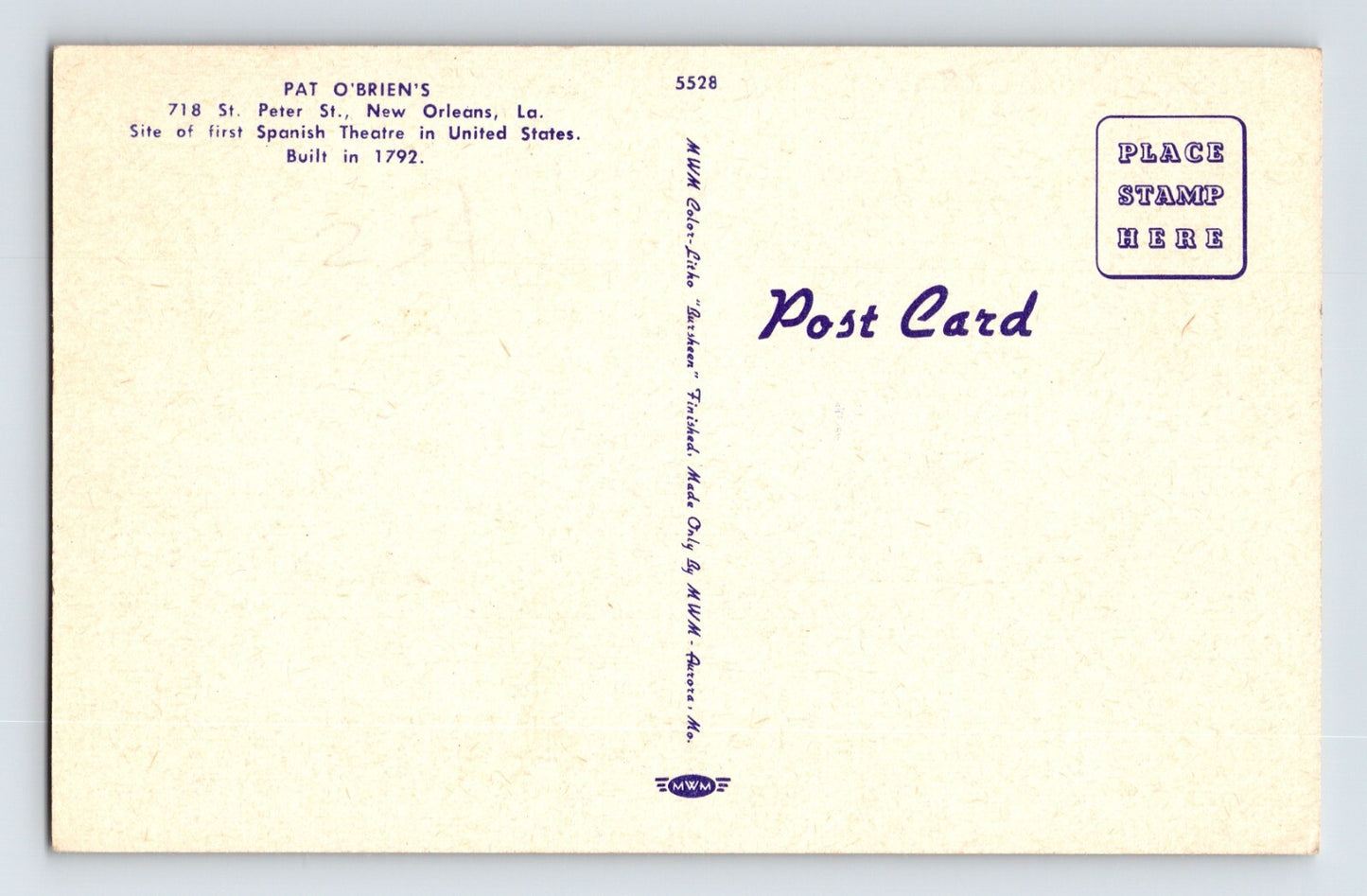 New Orleans Louisiana Pat O’Briens Bar 1940s Postcard Unposted Linen