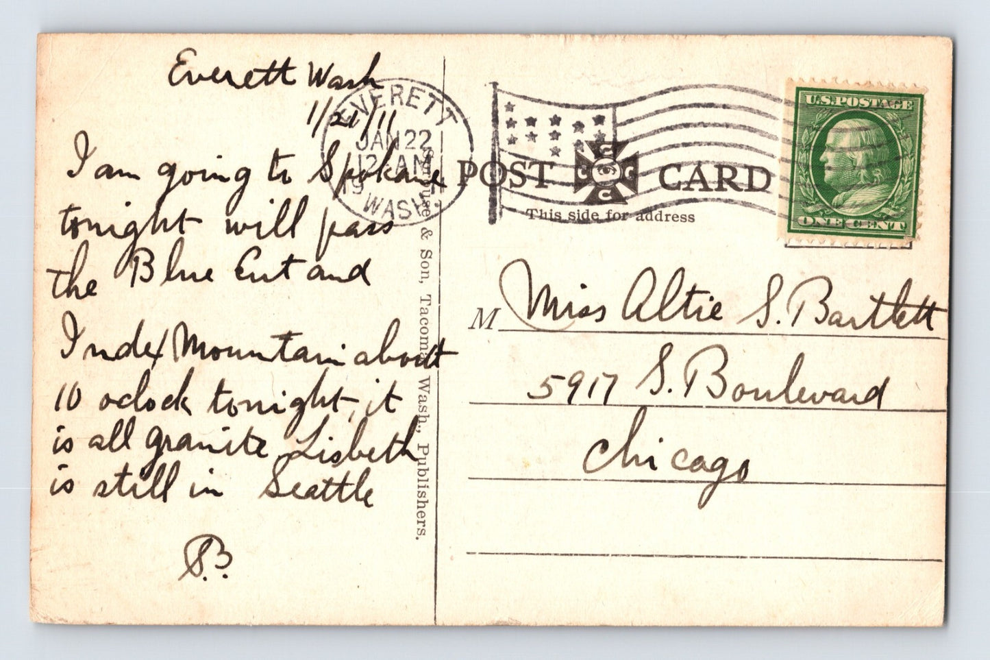Index Washington Blue Cut Railway 1911 Postcard Posted Divided Back