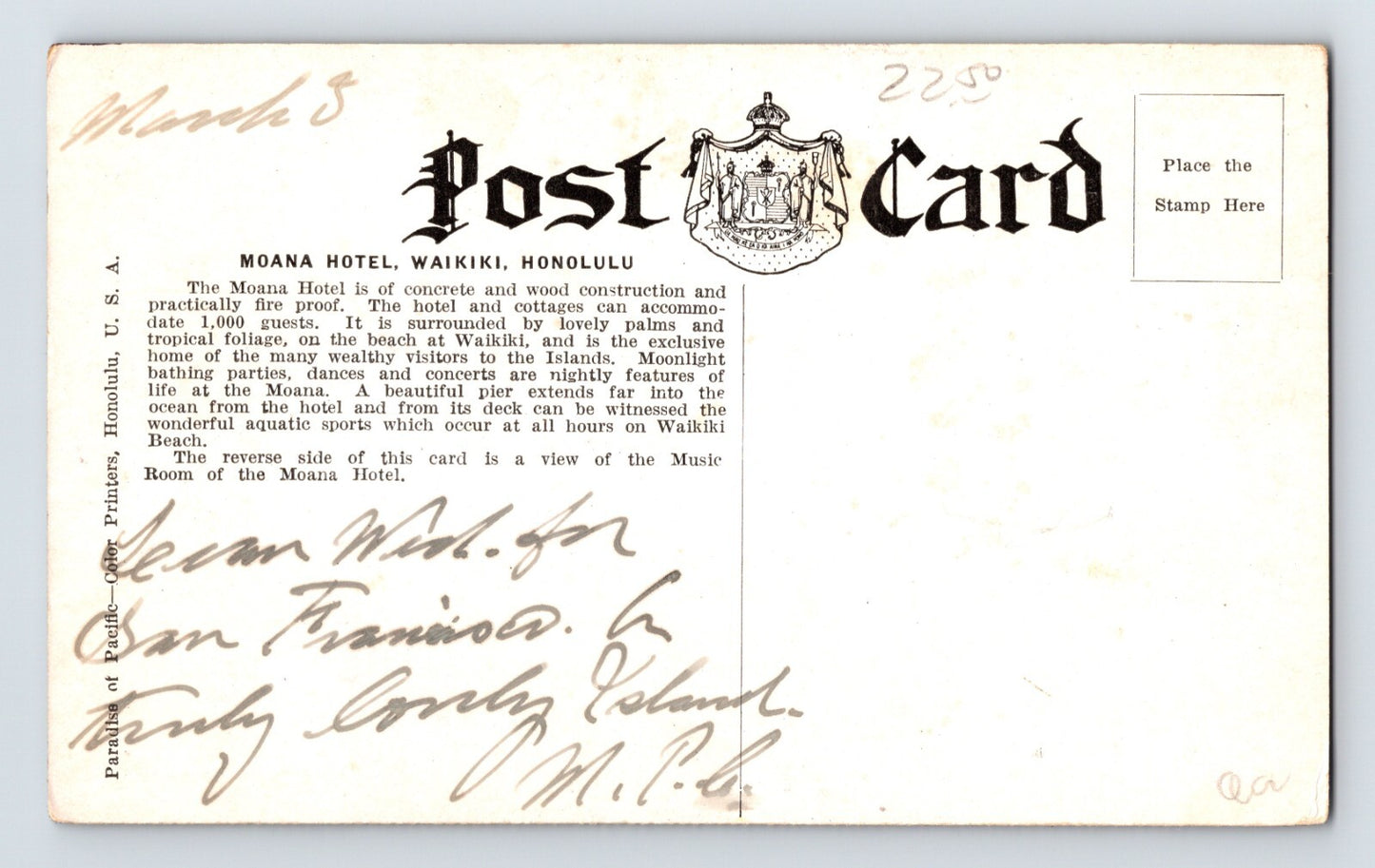 Honolulu Hawaii Moana Hotel Music Room 1910s Postcard Unposted Divided Back