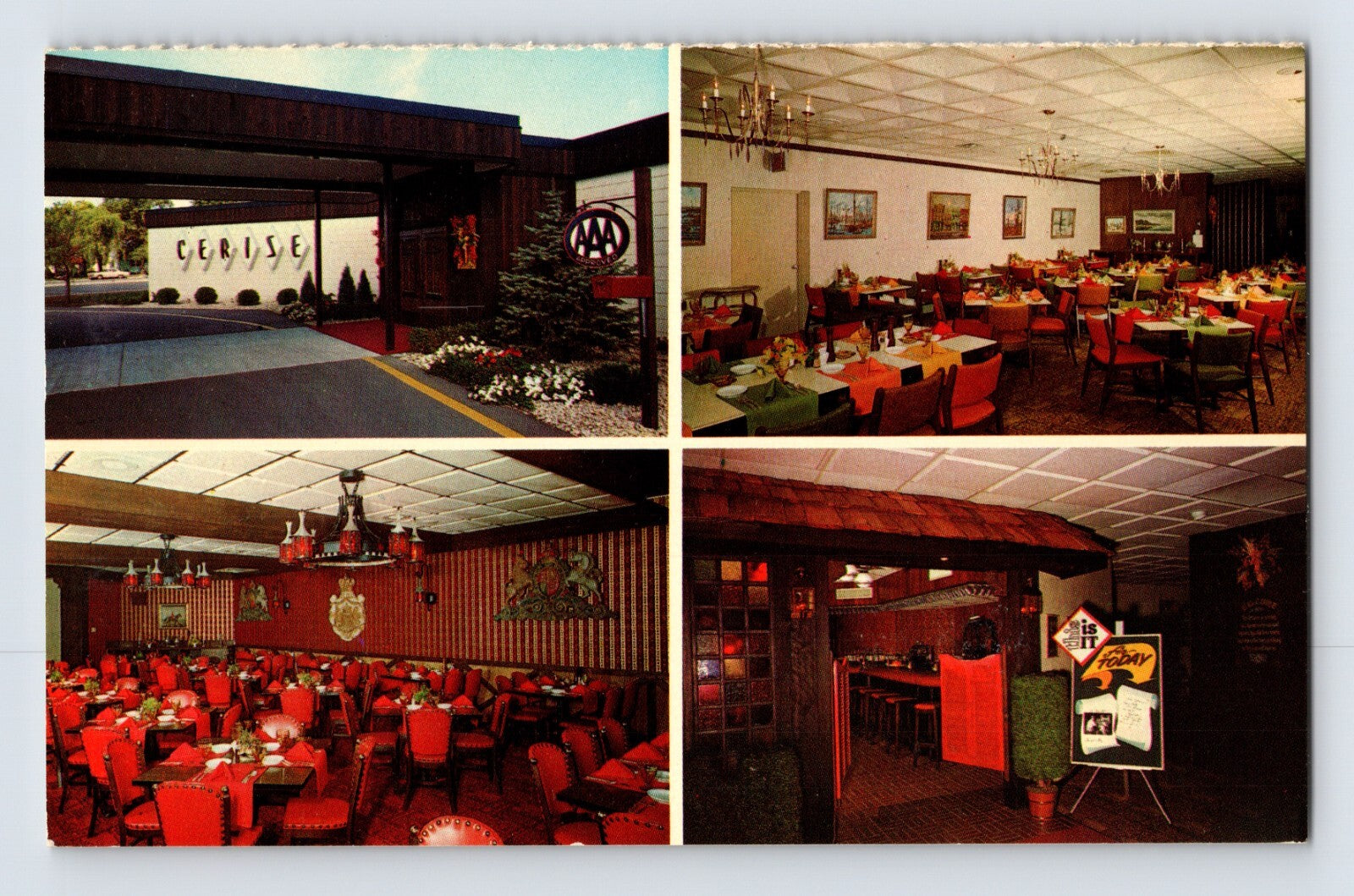 La Crosse Wisconsin Cerise Club restaurant 1960s postcard with dining rooms bar and entrance exterior