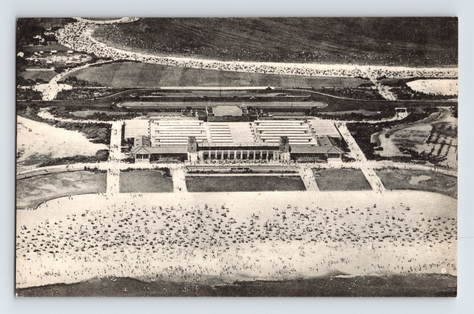 Jones Beach Long Island New York east bathhouse Zachs Bay aerial 1940s postcard showing beach crowds and formal park layout