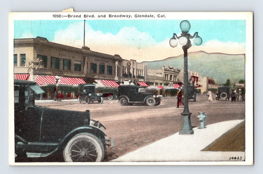 Brand Boulevard Glendale California Spohr Drugs storefront automobiles postcard