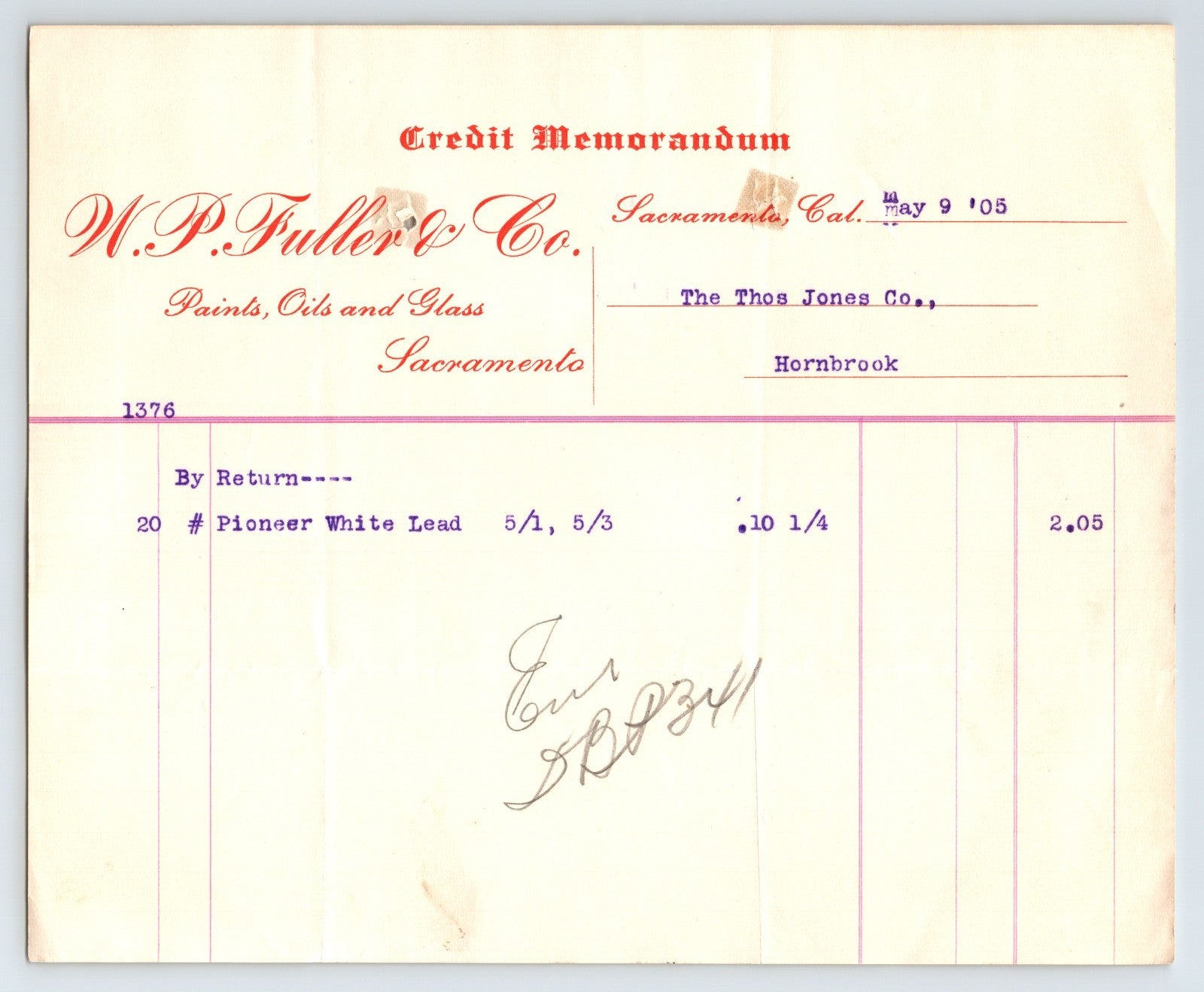 Sacramento California W P Fuller Company paint credit memorandum billhead 1905