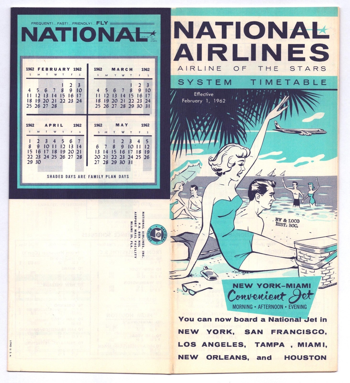 National Airlines 1962 system timetable brochure with beach scene illustration jet aircraft and calendar panel cover