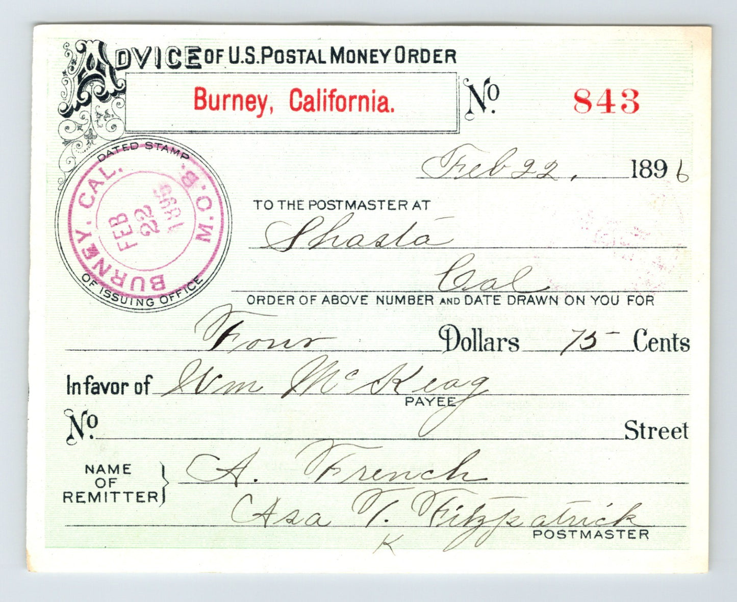 Burney California postal money order advice 1896 Shasta handwritten document