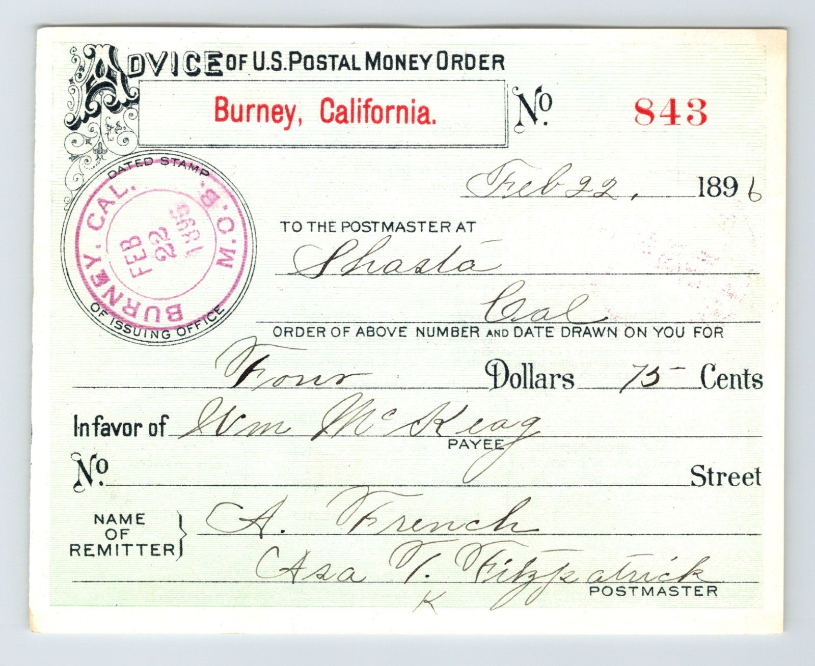 Burney California postal money order advice 1896 Shasta handwritten document