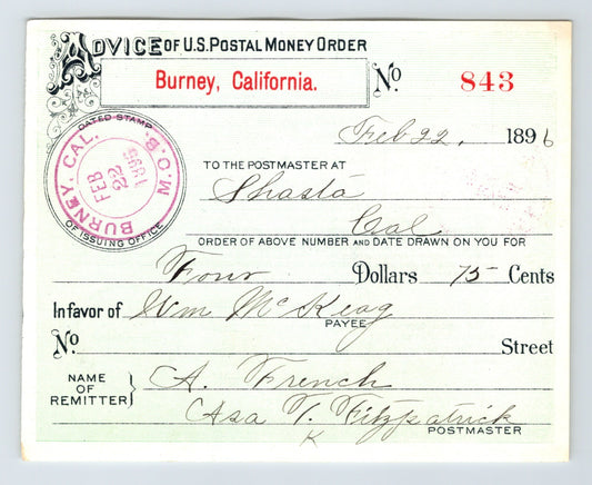 Burney California postal money order advice 1896 Shasta handwritten document