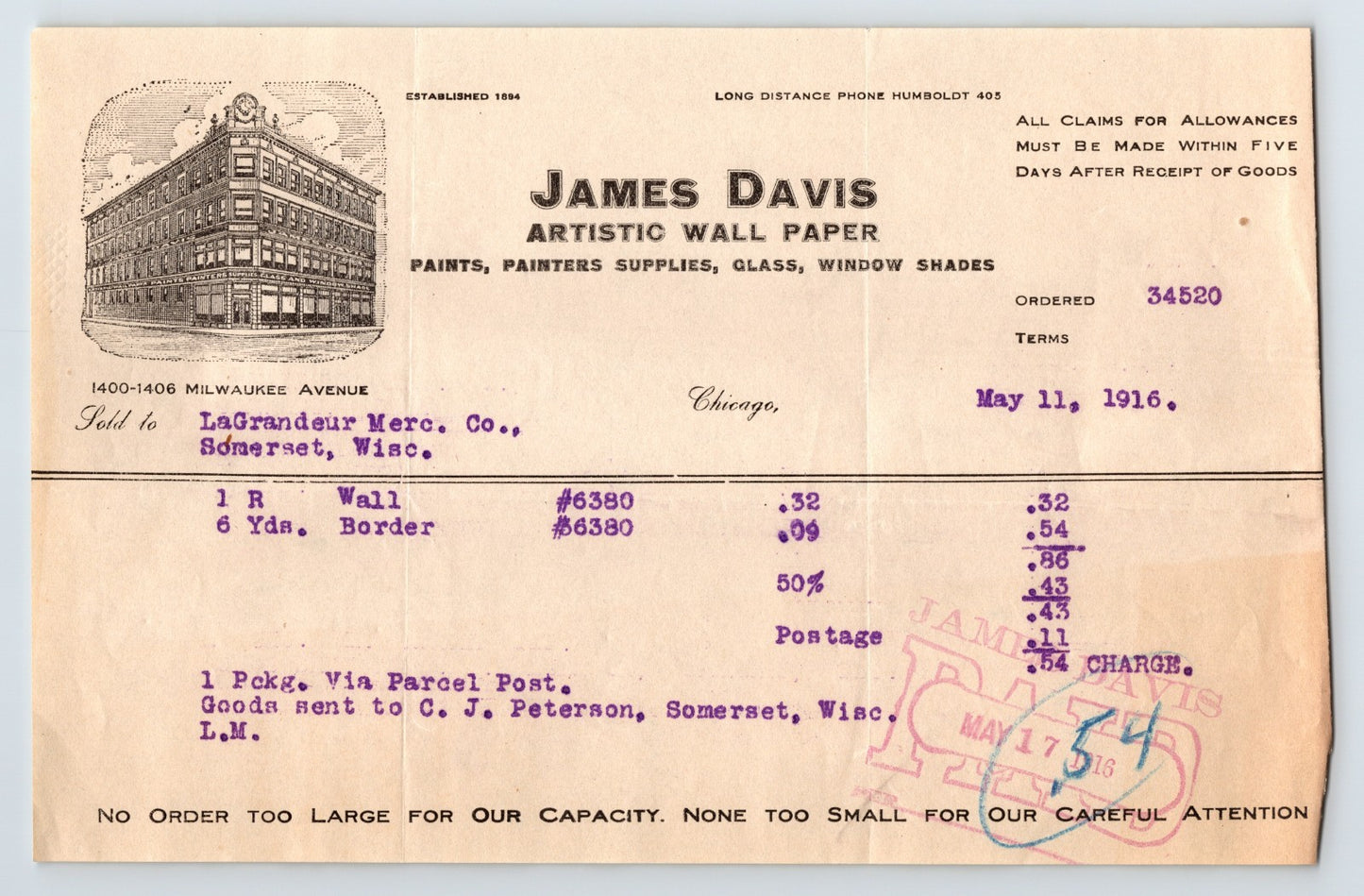 Chicago Illinois 1916 James Davis Artistic Wall Paper Billhead 8 x 5.5