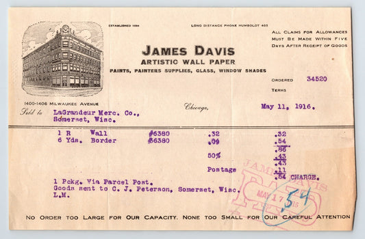 Chicago Illinois 1916 James Davis Artistic Wall Paper Billhead 8 x 5.5