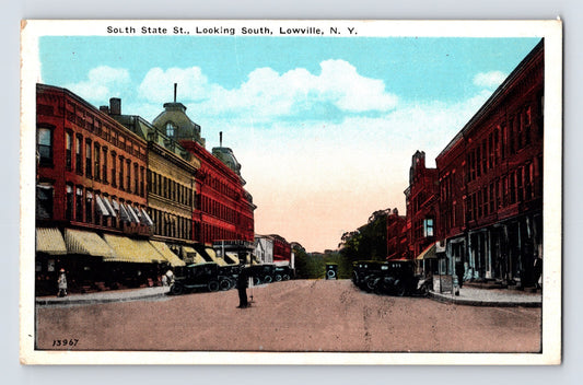 Lowville New York South State Street downtown buildings early automobiles 1930s postcard