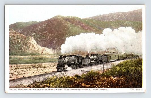 Cajon Pass California steam railroad train descending mountain grade Fred Harvey 1910s postcard