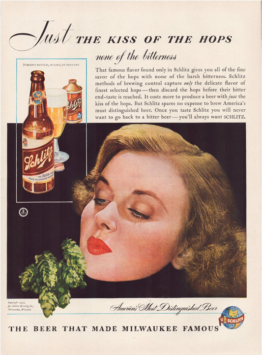 Schlitz beer 1942 print ad woman hops kiss bottle glass vintage advertising