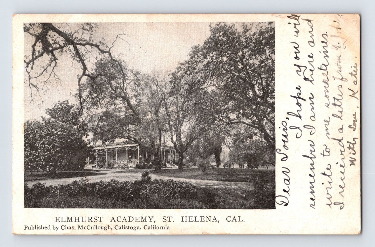St Helena California Elmhurst Academy postcard showing the academy grounds surrounded by mature trees with handwritten message and 1905 Saint Helena postmark.