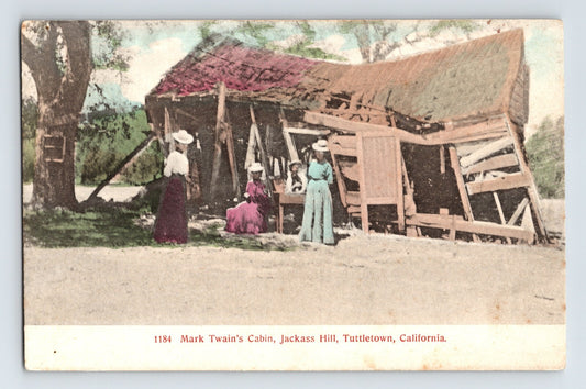 Mark Twain Cabin Jackass Hill Tuttletown California 1910s postcard with rustic gold rush era structure