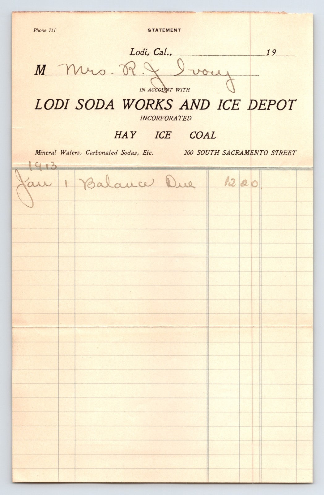 Lodi California 1913 Lodi Soda Works Ice Depot Coal Billhead 8 x 5.5