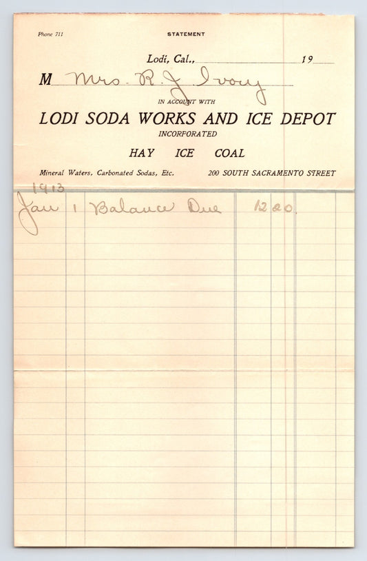 Lodi California 1913 Lodi Soda Works Ice Depot Coal Billhead 8 x 5.5