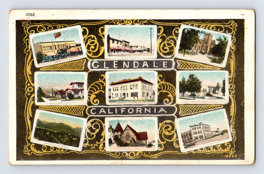 Glendale California multi view downtown scenes 1930s postcard with ornate border design