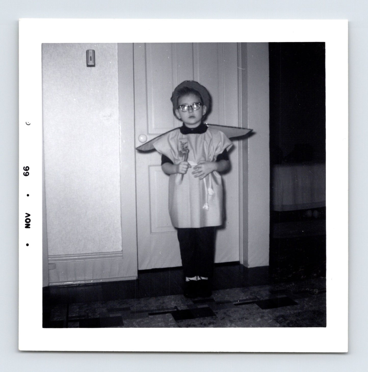 Vintage Halloween St Michael Archangel costume boy glasses robe wings 1950s snapshot photo