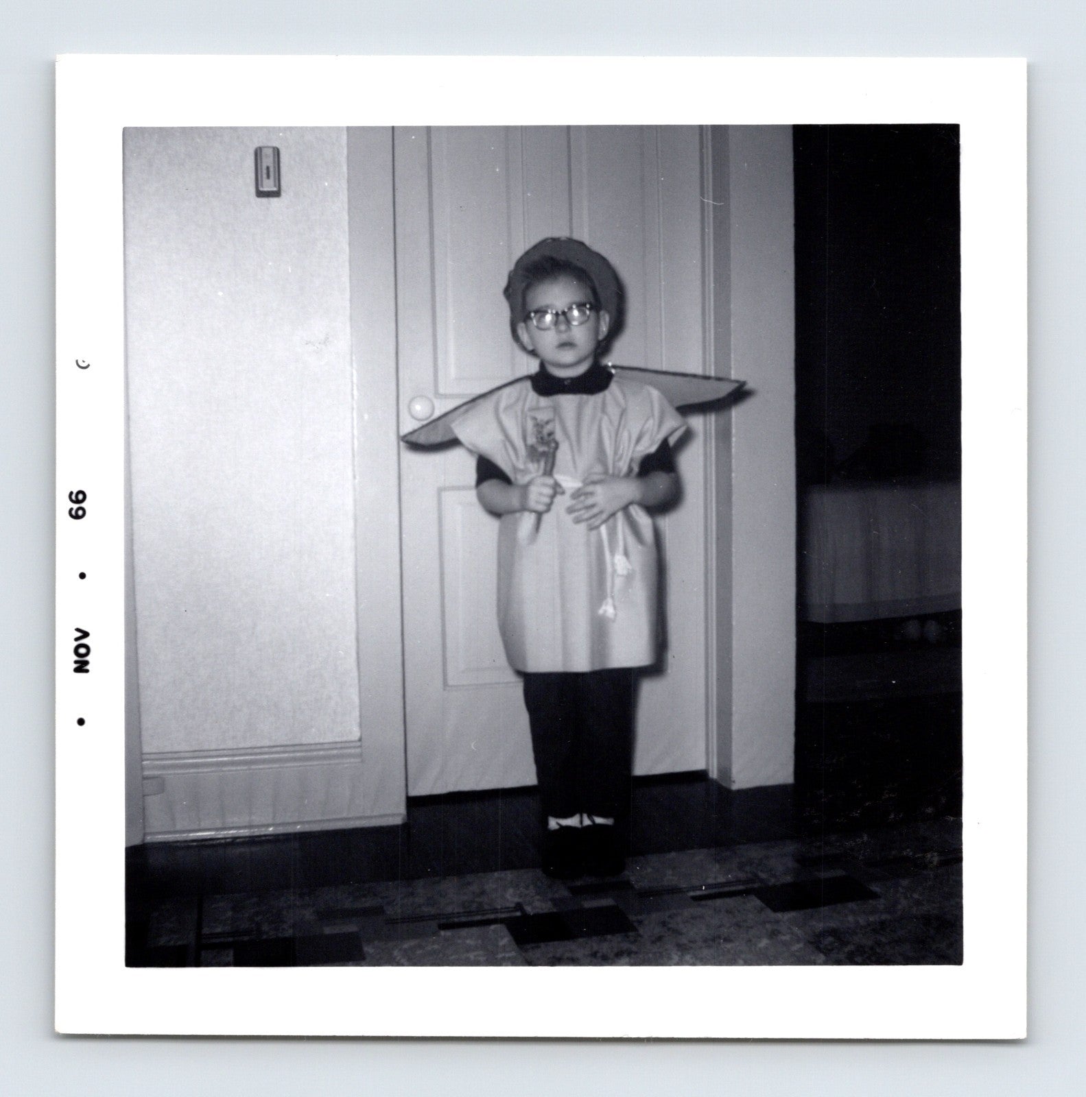 Vintage Halloween St Michael Archangel costume boy glasses robe wings 1950s snapshot photo
