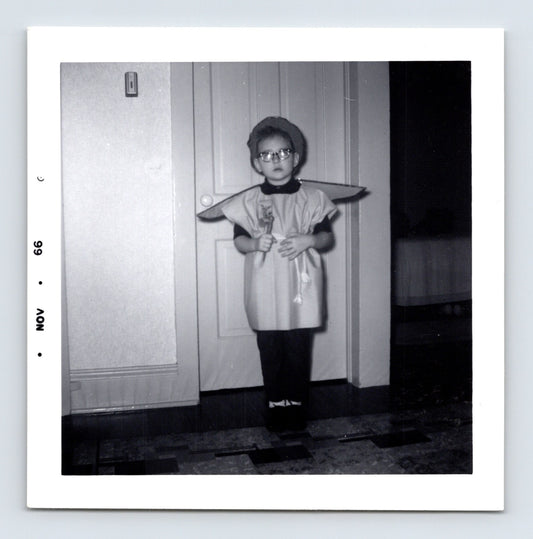 Vintage Halloween St Michael Archangel costume boy glasses robe wings 1950s snapshot photo