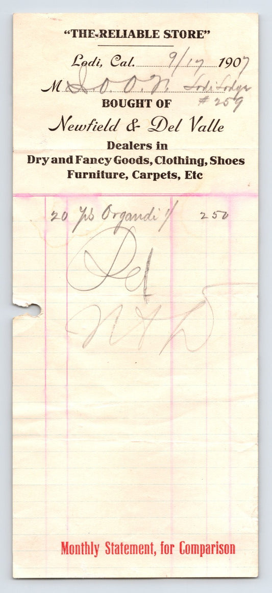 Lodi California 1907 Newfield Del Valle Dry Goods Billhead 8 x 3.75