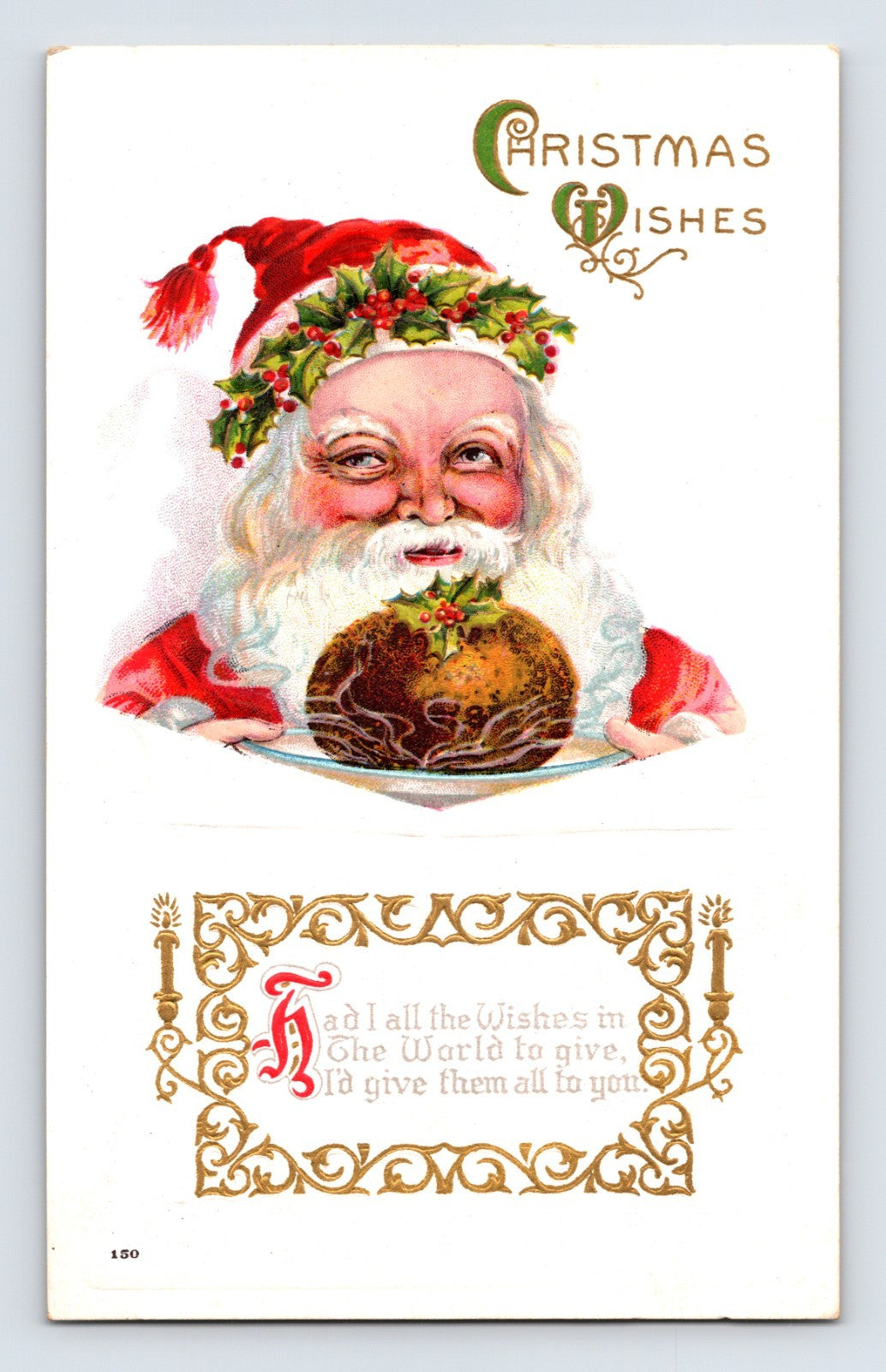 Santa Claus holding a Christmas pudding beside ornate gold scrollwork and holiday verse on embossed Victorian-era Christmas postcard.