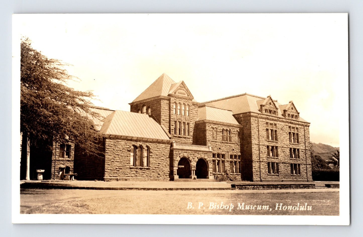 Honolulu Hawaii Bishop Museum historic stone building real photo postcard 1930s