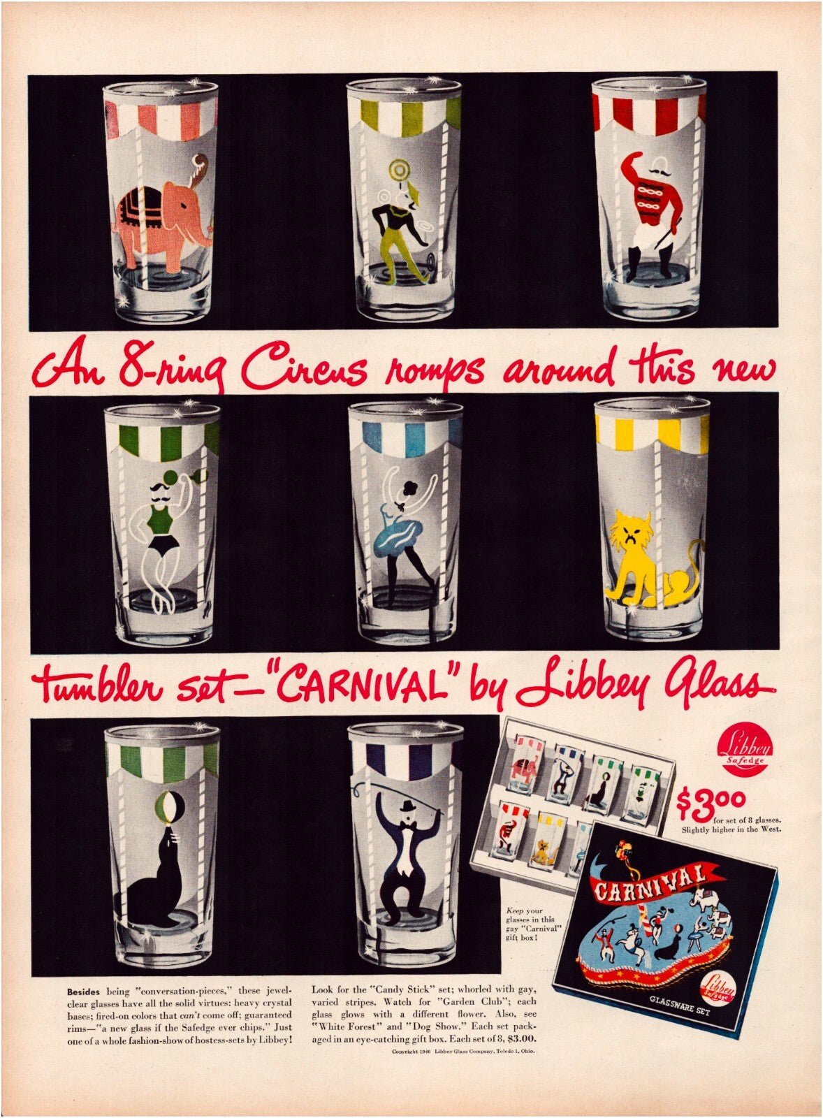 Libbey circus glass 1946 print ad kitchen glassware tumblers animal designs vintage advertisement