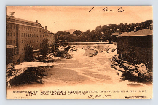 Keeseville New York Ausable River 1906 postcard with mills dam and Fordway Mountain in distance