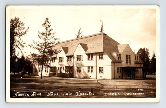Real photo postcard of Nurses Home at Napa State Hospital Imola California, large institutional building with gabled roof and trees, circa 1930s