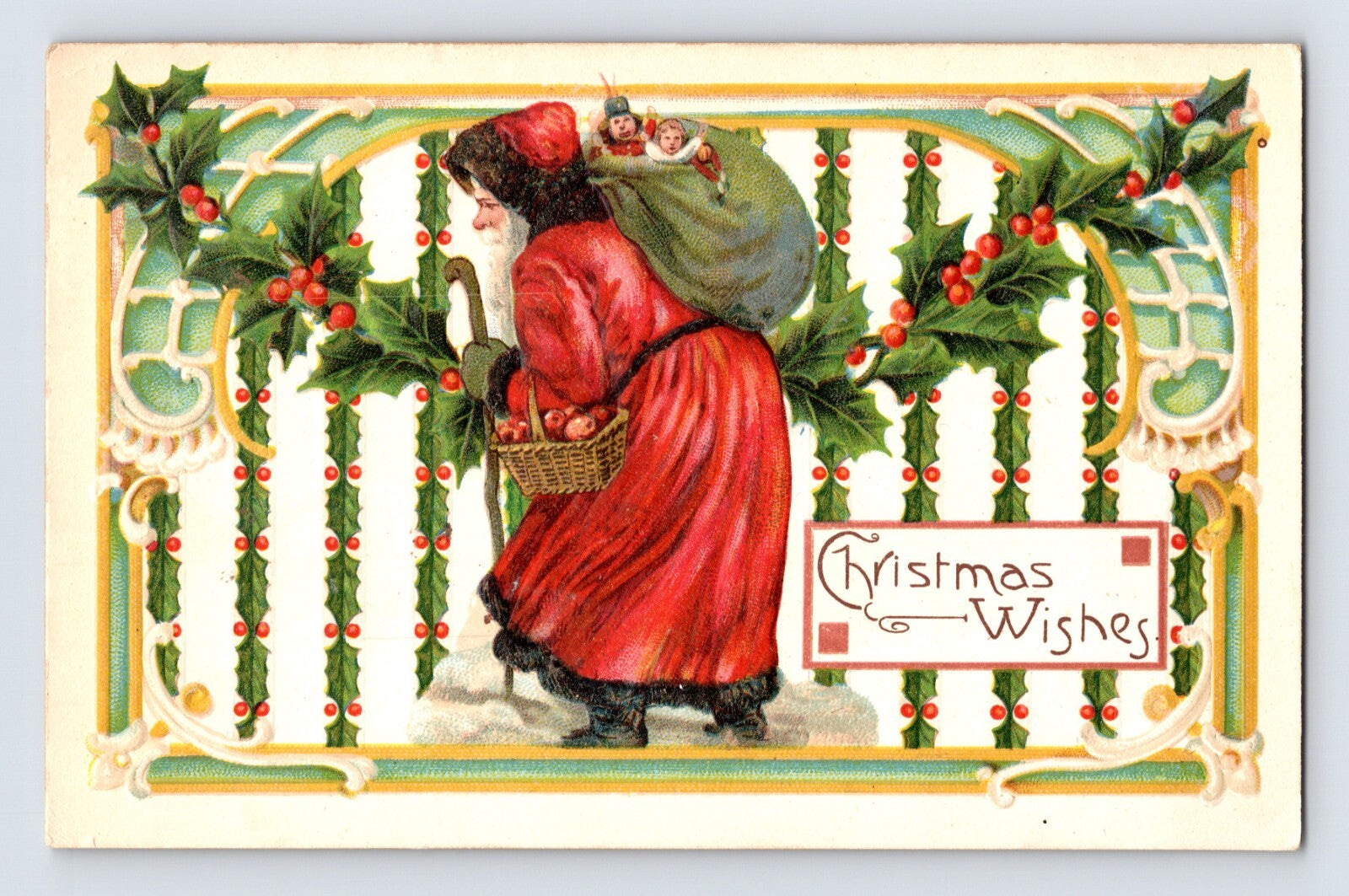 Christmas Santa Claus Toy Bag Apple Basket 1910s Postcard Unposted Divided